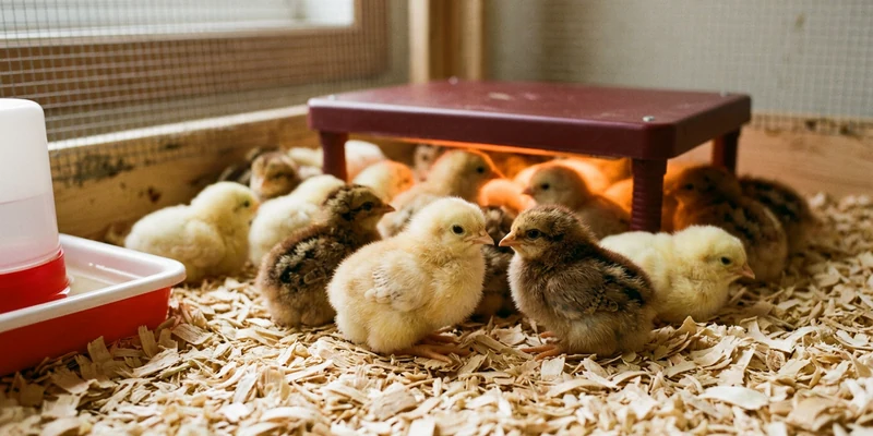 Day-old chicks on pine shavings under a brooder plate