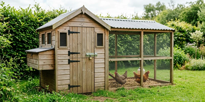Wooden chicken coop with a covered run clad in hardware cloth