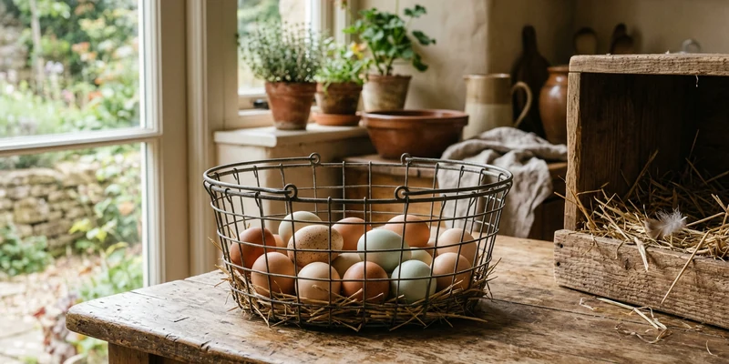 Brown, cream and pale blue backyard eggs in a wire basket