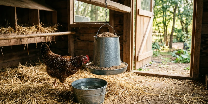 Galvanised poultry feeder and drinker on clean straw inside a coop
