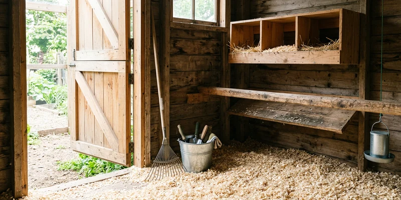 Clean coop interior with fresh shavings, a roosting bar and a rake