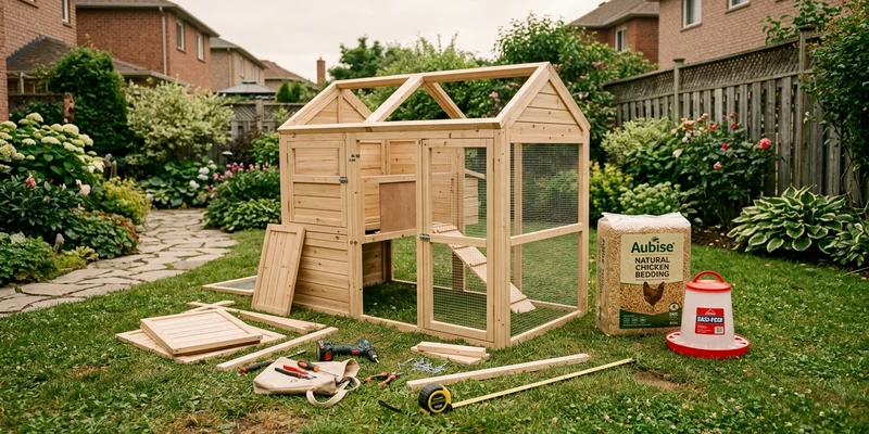 A first chicken coop being assembled on a suburban lawn